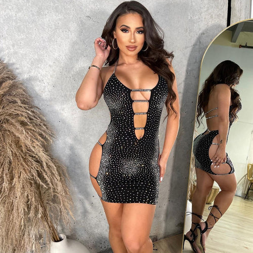 Summer Women Clothing Sexy Hollow Out Cutout Rhinestone Strap Dress for Women