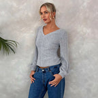 Women's Rear Large V Neck Bottoming Lantern Sleeve Slim T-Shirt