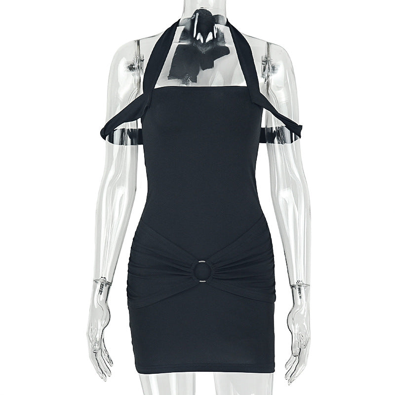 Black backless halter mini dress on mannequin with halter straps