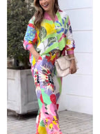 Women's Office Long Sleeve Loose Shirt High Waist Wide Leg Pants