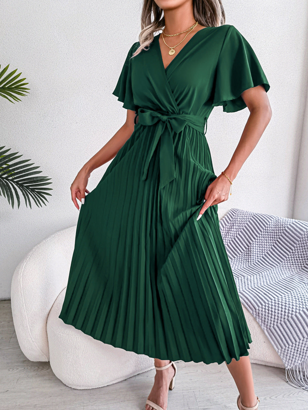 Spring Summer Elegant Criss Cross V-neck Swing Pleated Dress Women's