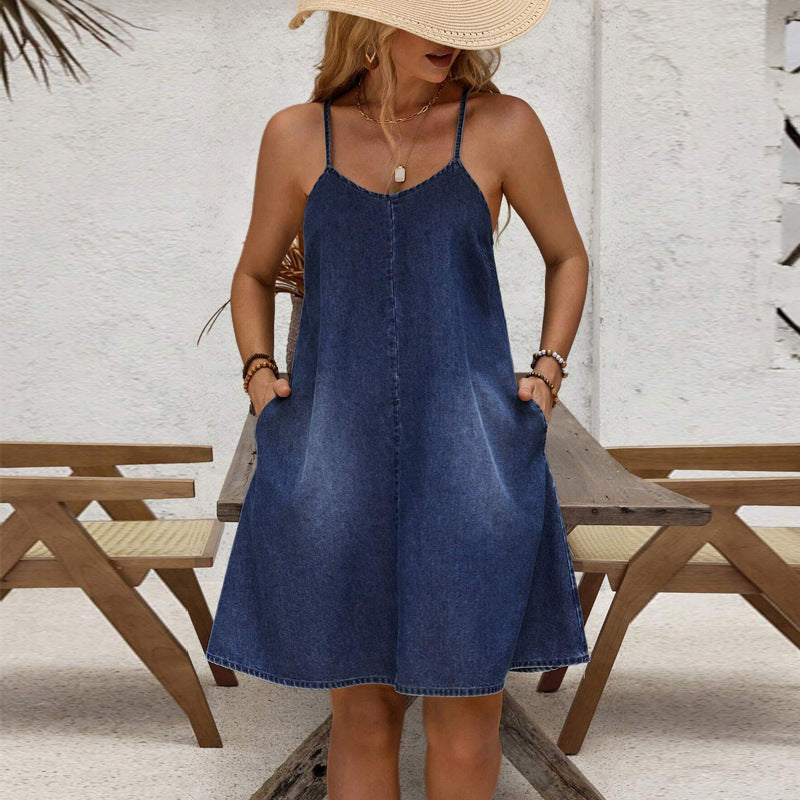 Relaxed Spaghetti-Strap Denim Dress