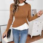 Korean Gentle Asymmetric Faux Two Pieces Fitted Waist Sweater Women