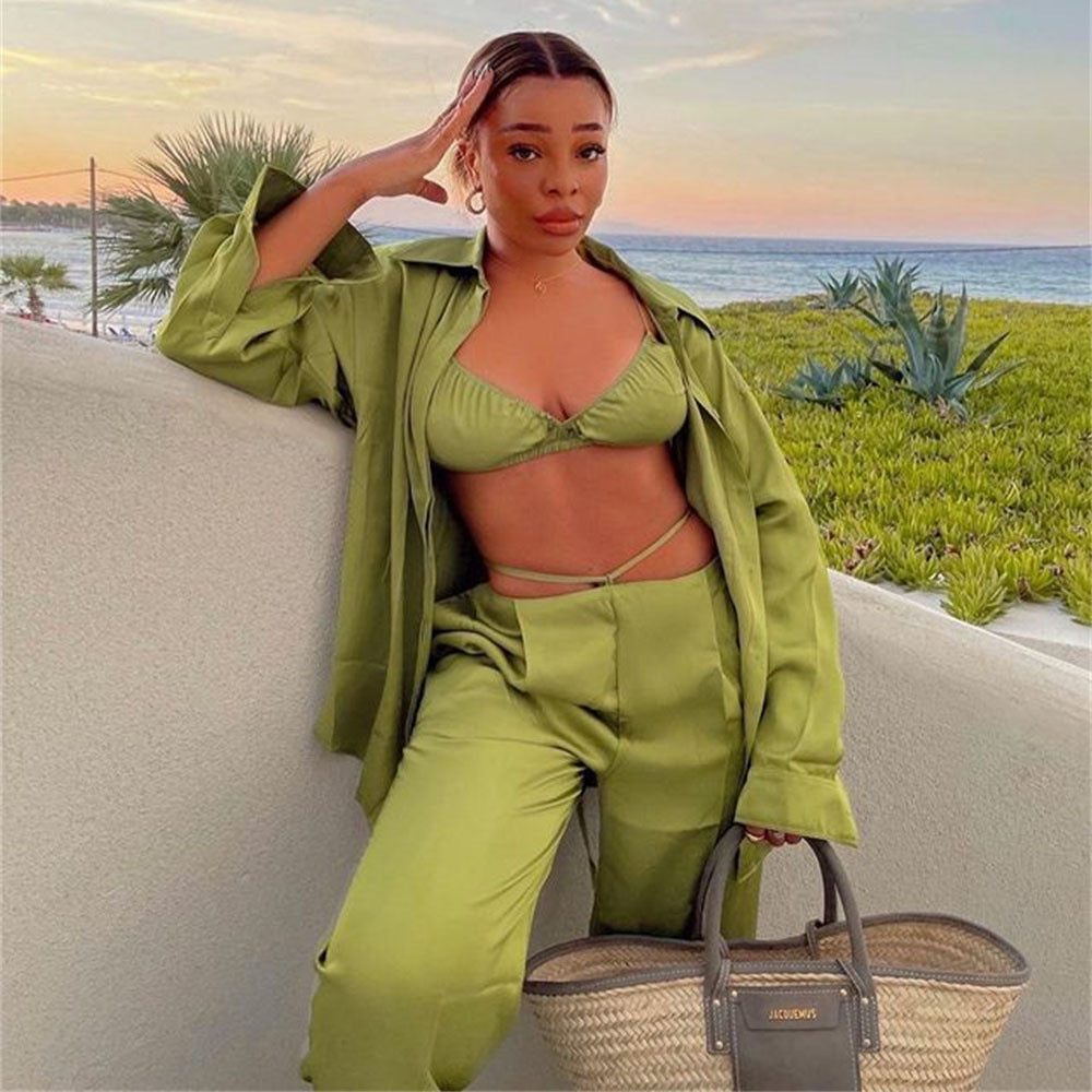 Spring Summer Casual Vacation Satin Shirt Vest Straight Leg Pants Suit Three-Piece Set