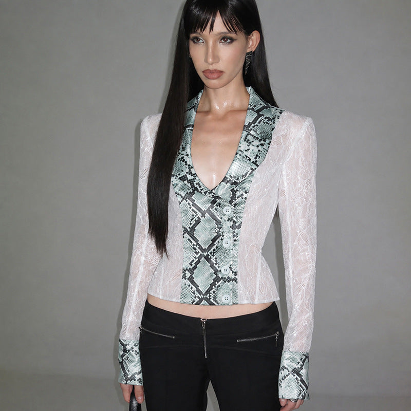 Fall Clothing French Low Collar Hollow Out Cutout Snake Pattern