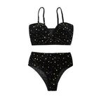 Black star-print bandeau bikini top and high-rise briefs set with contrast stitching