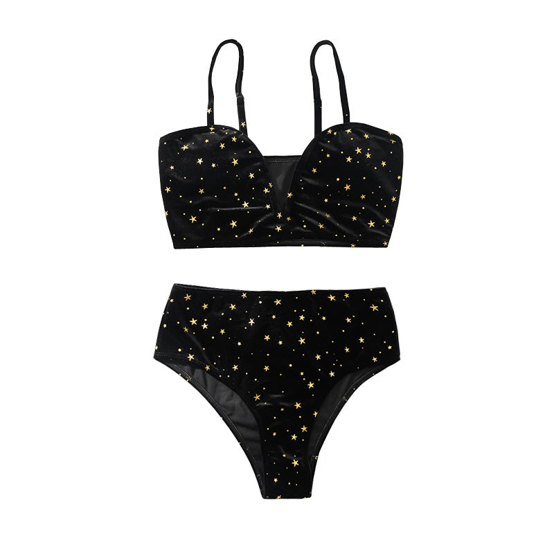 Black star-print bandeau bikini top and high-rise briefs set with contrast stitching