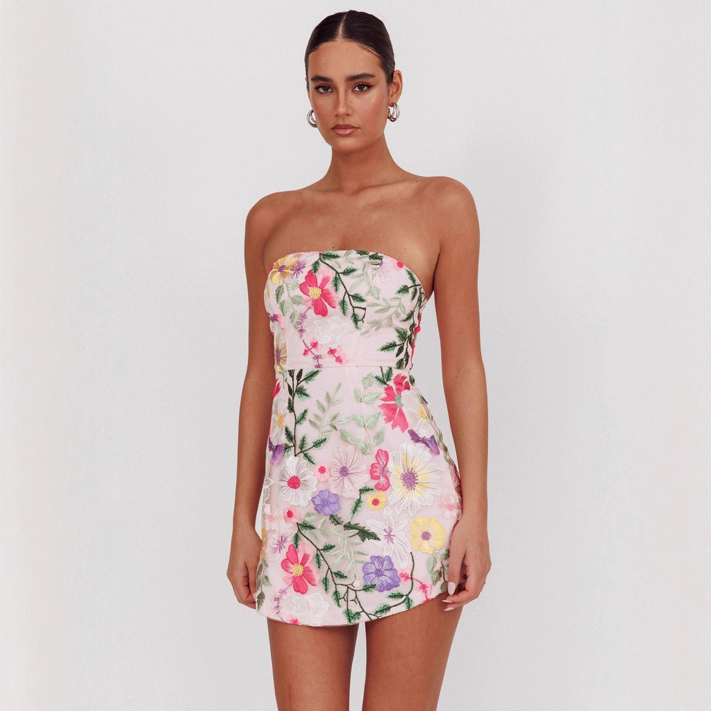 Women's Strapless Floral Embroidered Mini Dress