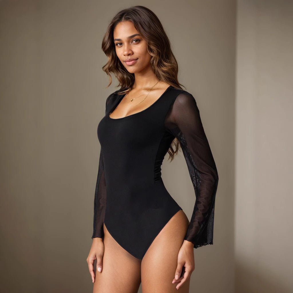 U Neck Mesh Sleeve Slim Jumpsuit