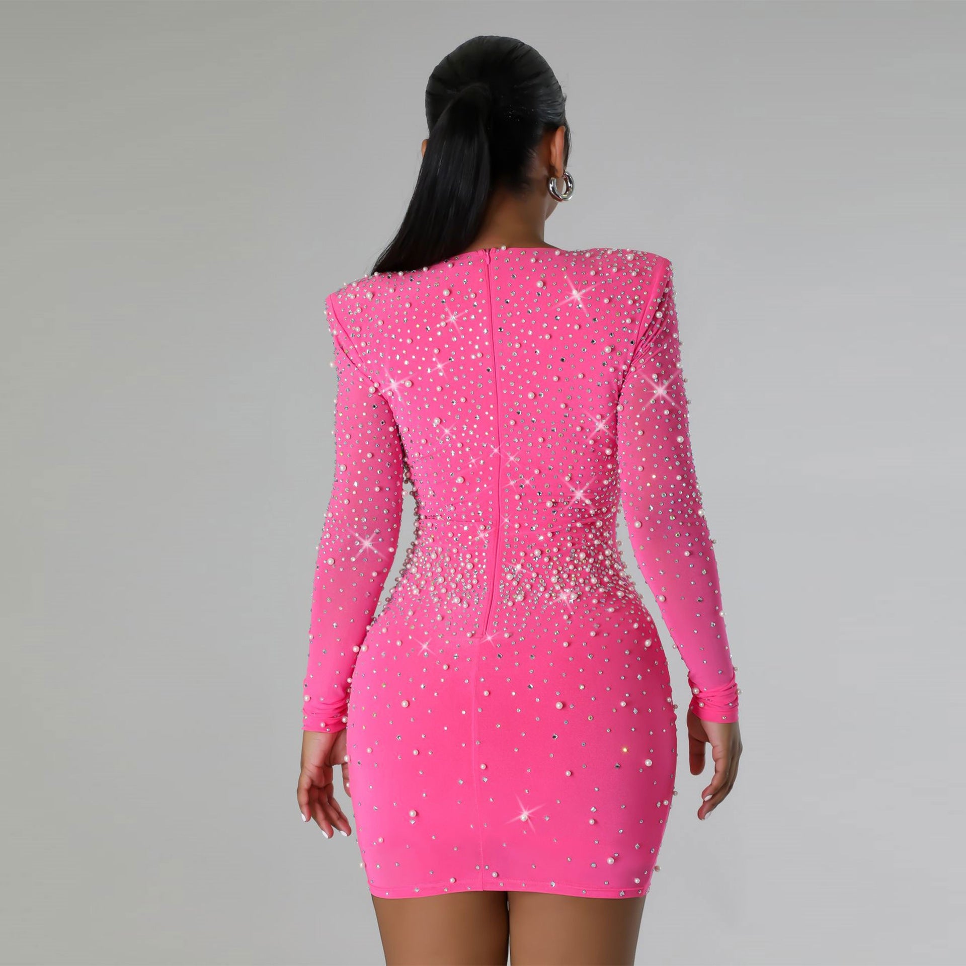 Rhinestone V-Neck Long-Sleeve Bodycon Mini Dress