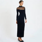 Women's Autumn Winter Wear Voile See Through Stitching Dress Sexy Tight Solid Color Dress