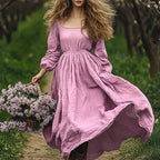 Women's Fall Women Clothing Off Neck Retro Solid Color Long Sleeve Big Hem Dress