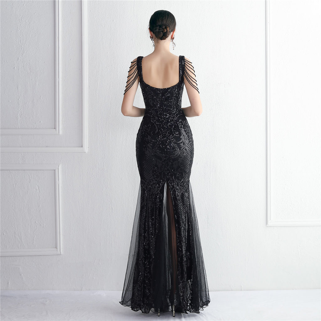 Women's Sequin Mesh Beaded Party Dress Long Cocktail Slim Fit Evening