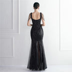 Women's Sequin Mesh Beaded Party Dress Long Cocktail Slim Fit Evening