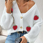 Women Clothing Autumn Winter Wool Three Dimensional Strawberry Stitching Cute Sweater Cardigan Button Coat