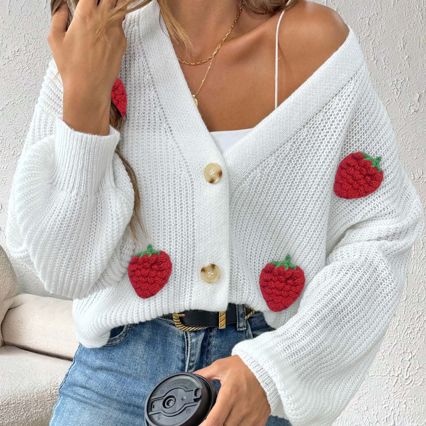 Women Clothing Autumn Winter Wool Three Dimensional Strawberry Stitching Cute Sweater Cardigan Button Coat