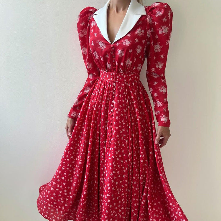 Women's Contrast Color Design Collared Long Sleeve A Line Women Waist Controlled Printed Large Swing Dress