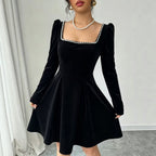 Women's Vintage Velvet Pearl-Trim Mini Dress
