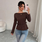 Women's Autumn Winter Elegant Texture Off Shoulder Top Women Waist Tight Slimming Flounce Long Sleeve T Shirt