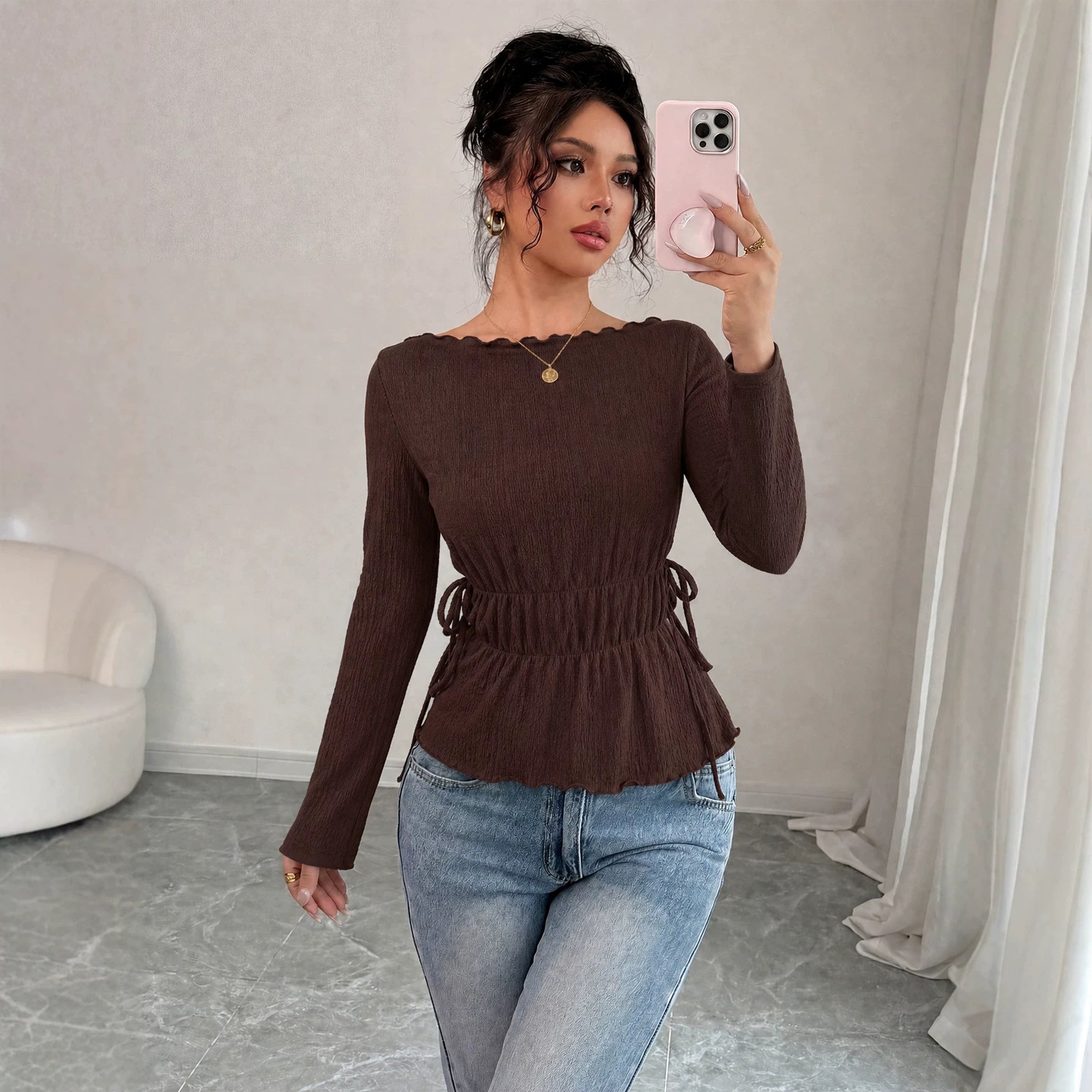 Women's Autumn Winter Elegant Texture Off Shoulder Top Women Waist Tight Slimming Flounce Long Sleeve T Shirt