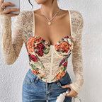 Women's Lace Long-Sleeve Square-Neck Corset Top