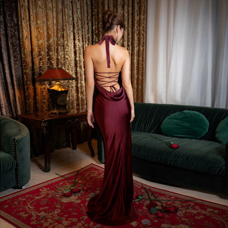 Women's Sexy Backless Halter Satin Dress Women Elegant Dress Maxi Dress