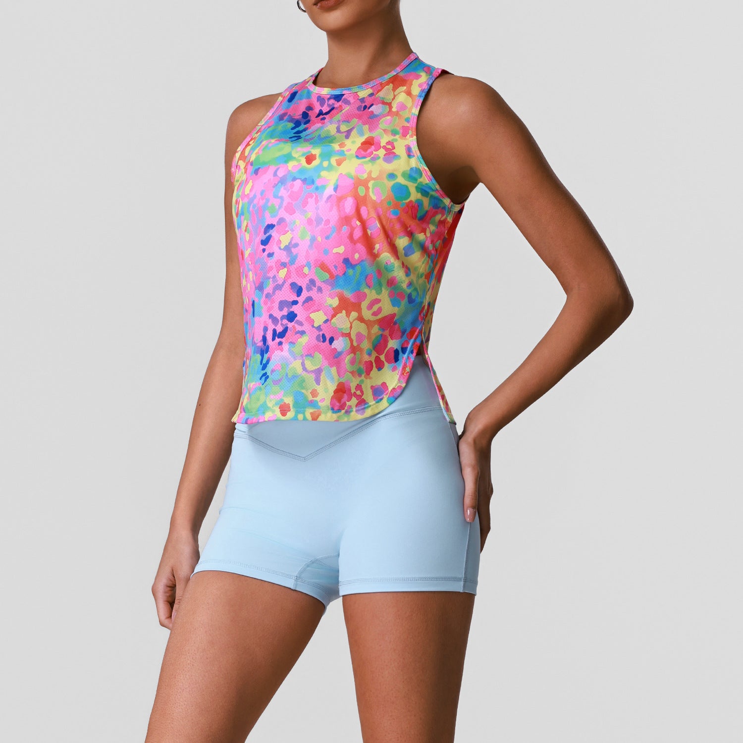 Light Blue Shorts Pink Floral Vest
