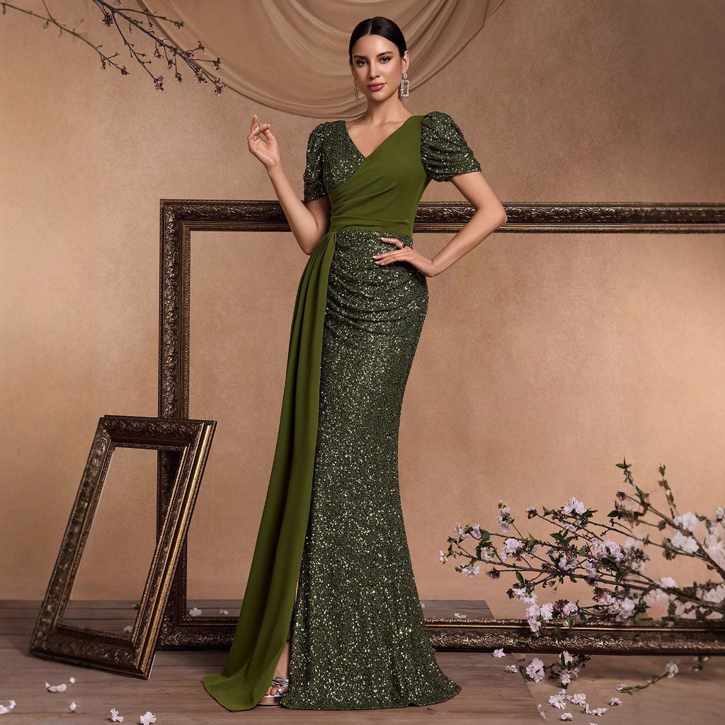 Elegant Sequin Patchwork Fitted V Neck Short Sleeve Chic Glamorous Regal Formal Evening Gown For Cocktail Parties Banquets