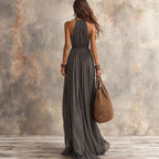 Women’s dark gray halter one-piece swimwear, open-back ruched maxi cover-up style