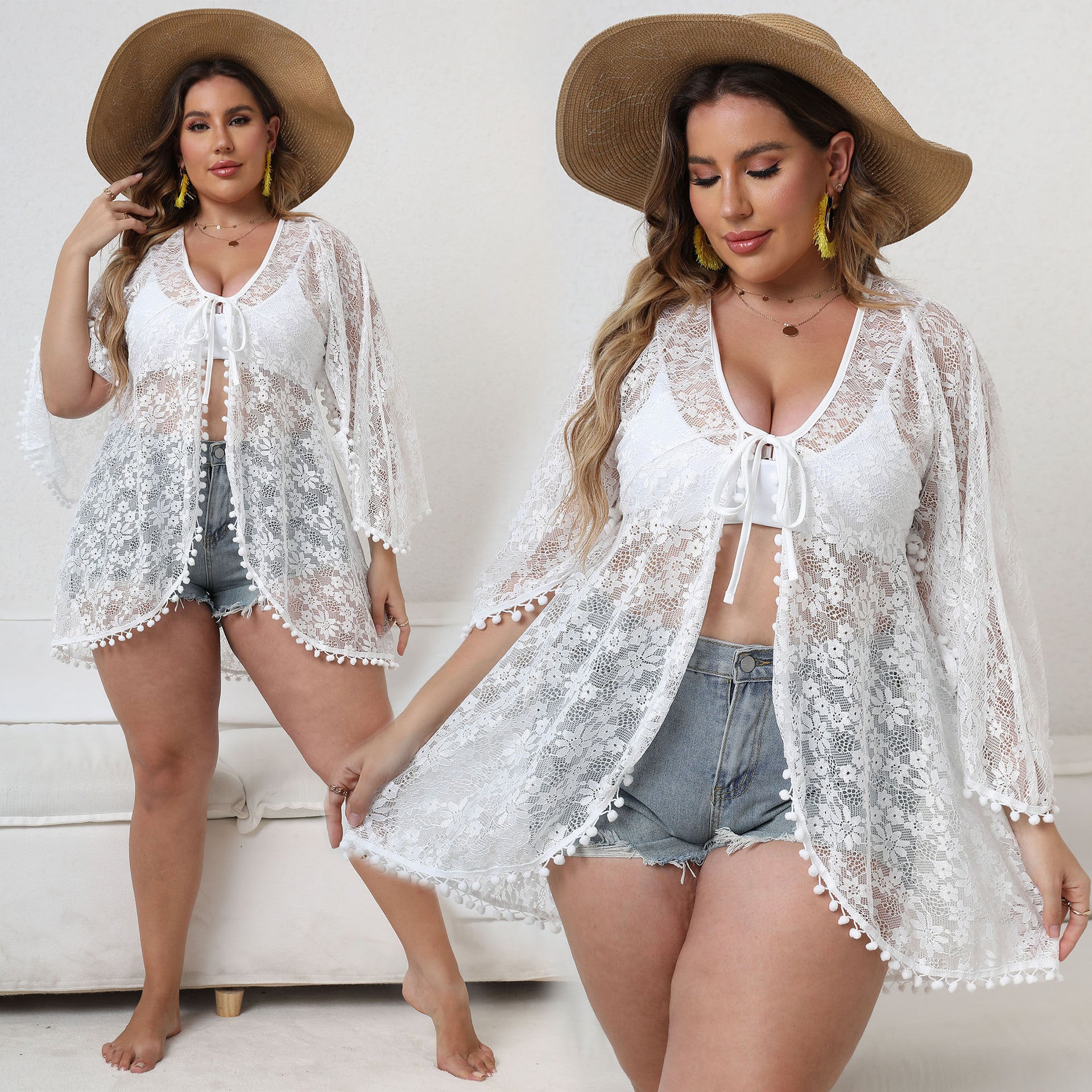 plus Size Women Clothes Irregular Asymmetric Cardigan Sexy See through Lace Shirt Strap Sun Protection Coat