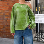 Women's Striped One Shoulder Cold-Shoulder Long Sleeved T Shirt Women Spring Summer Green Slimming Casual Retro Idle Loose Top