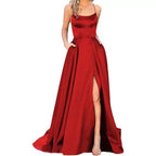 Women's Crew-Neck Satin Backless Split Cami Maxi Dress