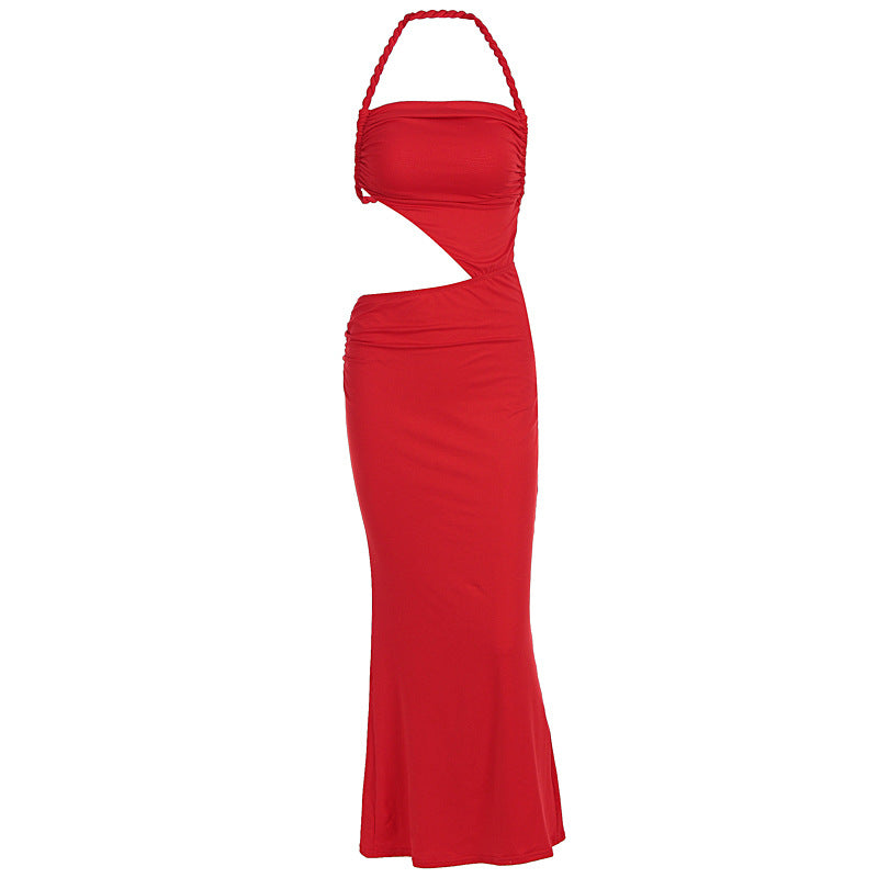 Women's Halter Cutout Backless Ruched Maxi Dress