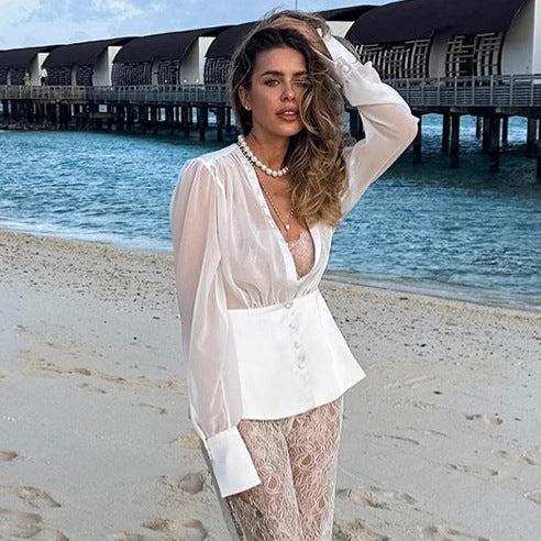 Women's Deep V-Neck Long Sleeve Blouse