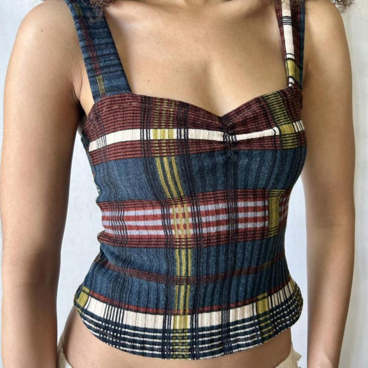Summer Retro Colored Plaid Inner Wear Base Figure Flattering Camisole Outerwear