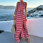 Printed Halter-Neck Split Midi Dress