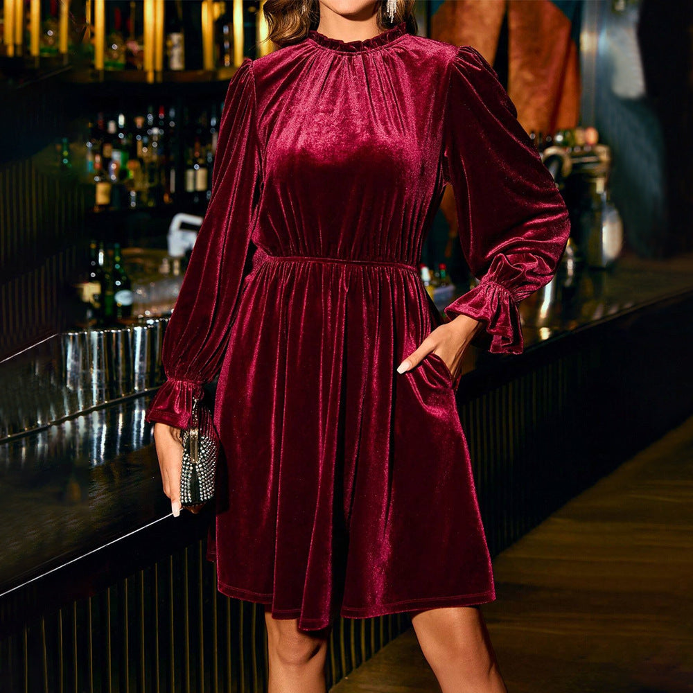 Women's Velvet Party Elegant Half Turtleneck Waist Slimming A Swing