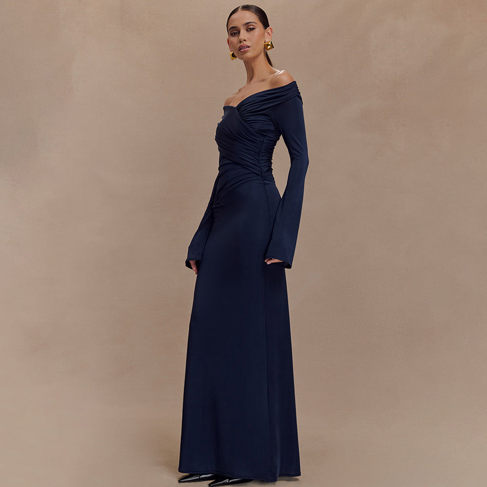 Women's V neck Pleated Hip Dress