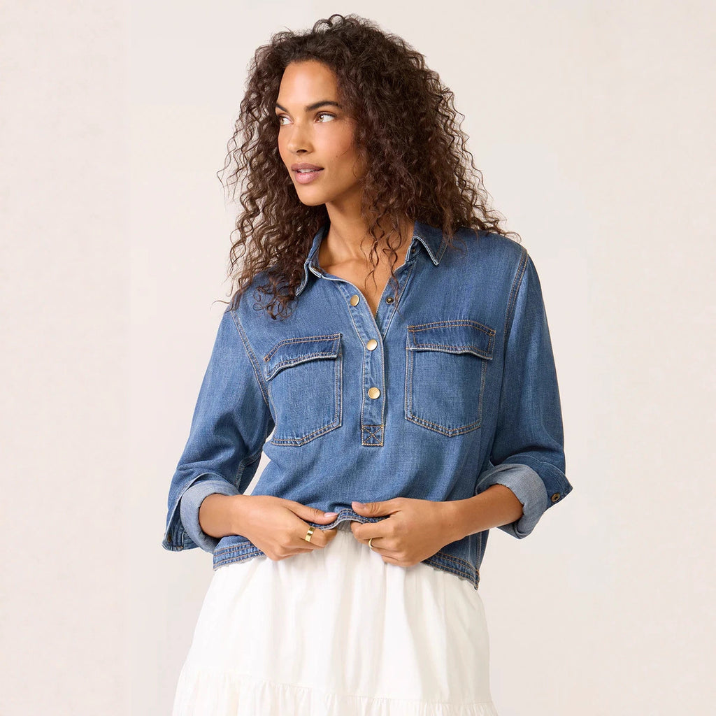 Women's Polo Collar V Neck Pullover Denim Shirt