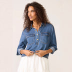 Women's Polo Collar V Neck Pullover Denim Shirt