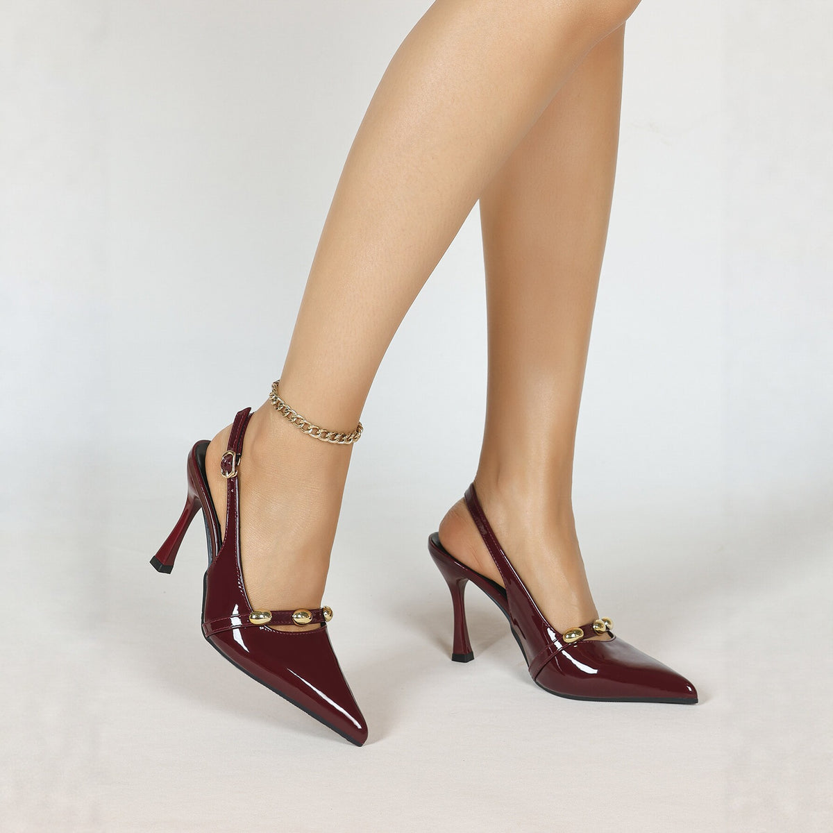 Patent-Leather Buckle-Detail Stiletto Sandals