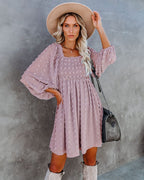 Women's Square Collar Chiffon Polka Dots Short Lantern Sleeve Dress