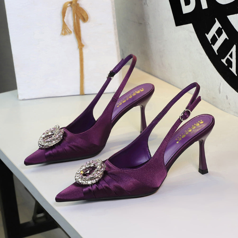 Sexy Satin Closed Toe Sandals Rhinestone round Buckle Stiletto Heel Ankle-Strap Buckle High Heels Women