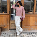Women's French Contrast-Color V-Neck Sweater