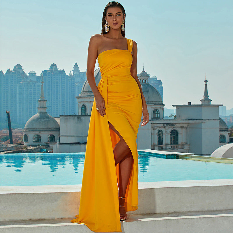 Asymmetric One Shoulder Slit Evening Maxi Dress