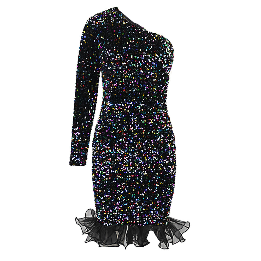 Women's Diagonal Collar Evening Dress Designer Model Elegant Graceful