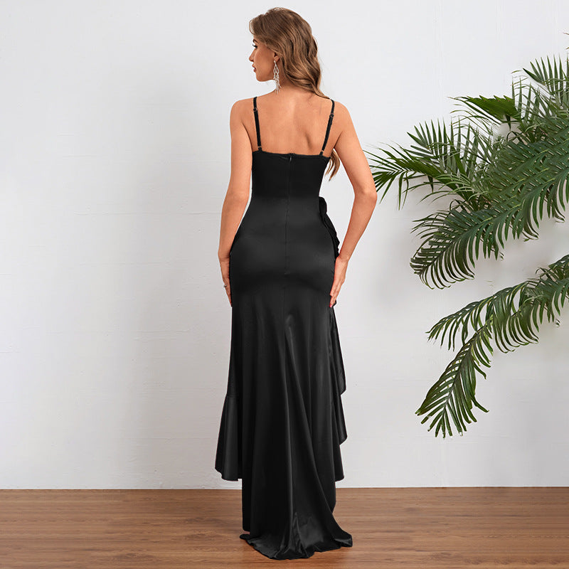 Women's Satin Ruffle Spaghetti-Strap Split Dress