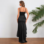 Women's Satin Ruffle Spaghetti-Strap Split Dress