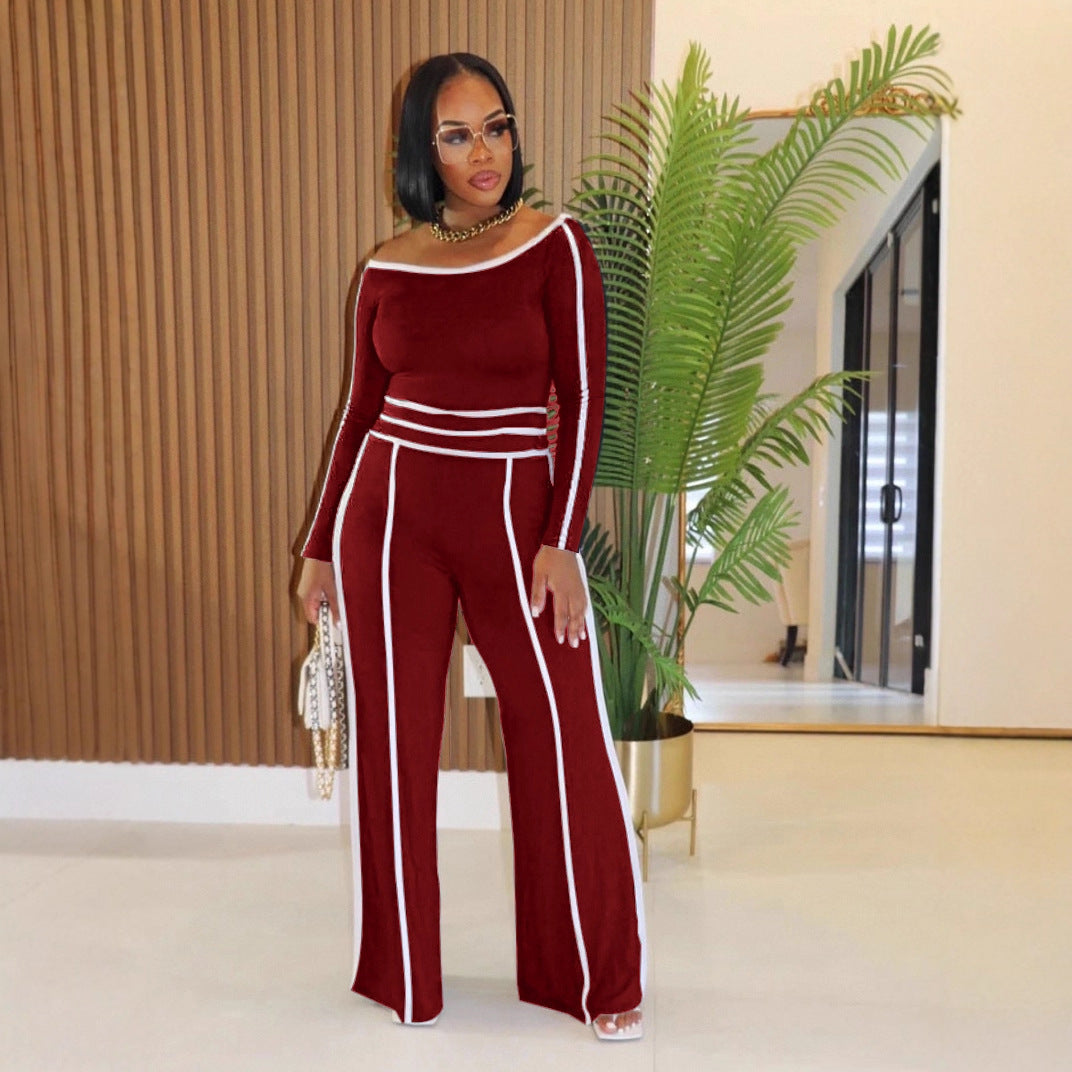 Women's Office Casual Off Shoulder Diagonal Collar Elastic Stitching