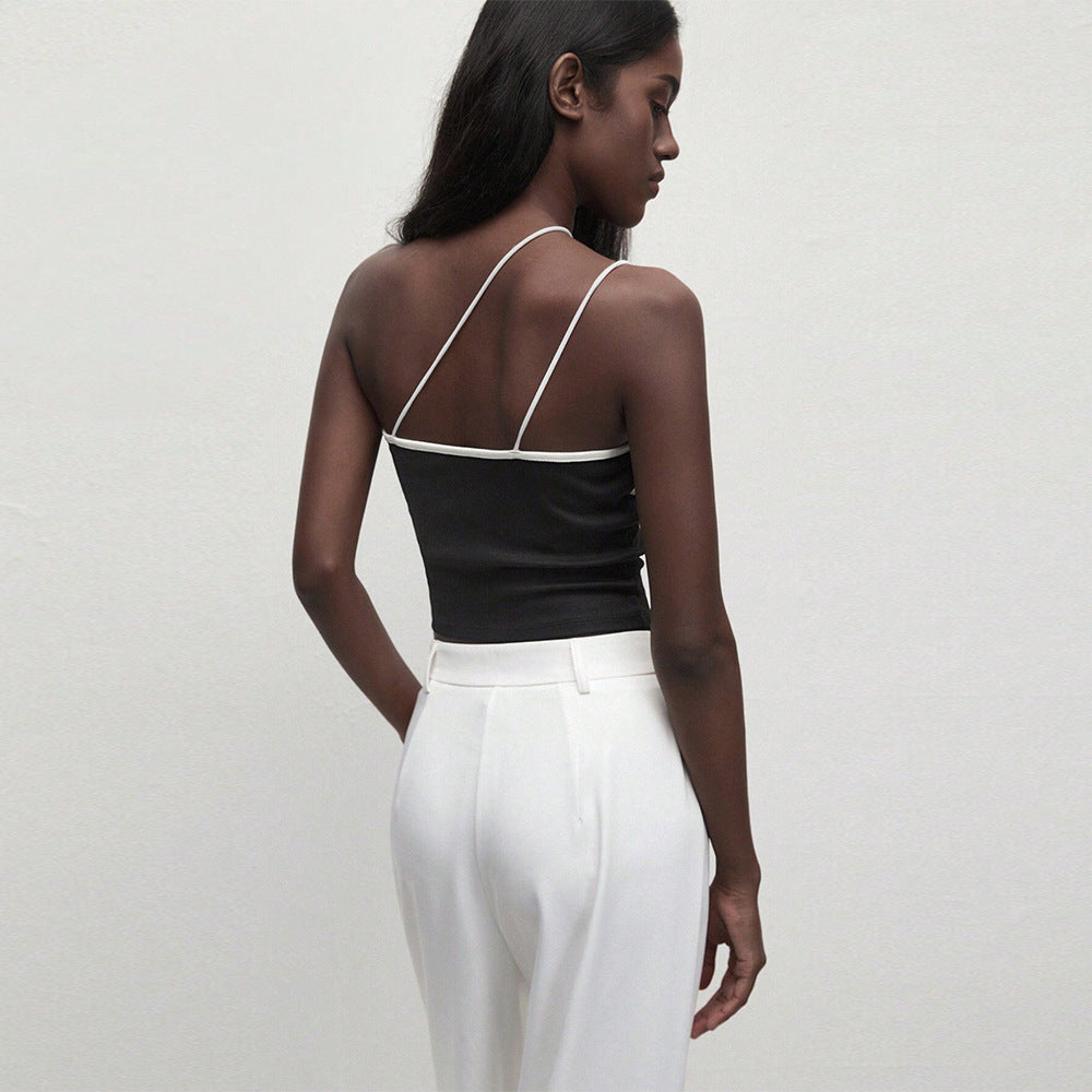 Women’s Black Asymmetric Spaghetti Strap Crop Top